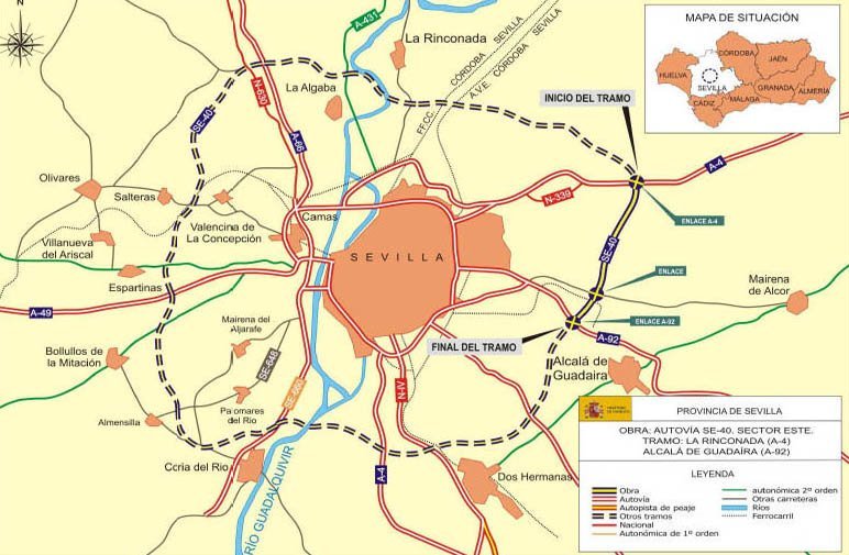Algunas tramos en obras de la SE-40 ya se pueden ver en cruces como con A-92 o A-4