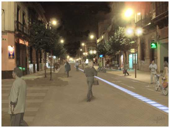 Una iluminación horizontal en el acerado, con reflejos azules, servirá de homenaje al río Guadalquivir