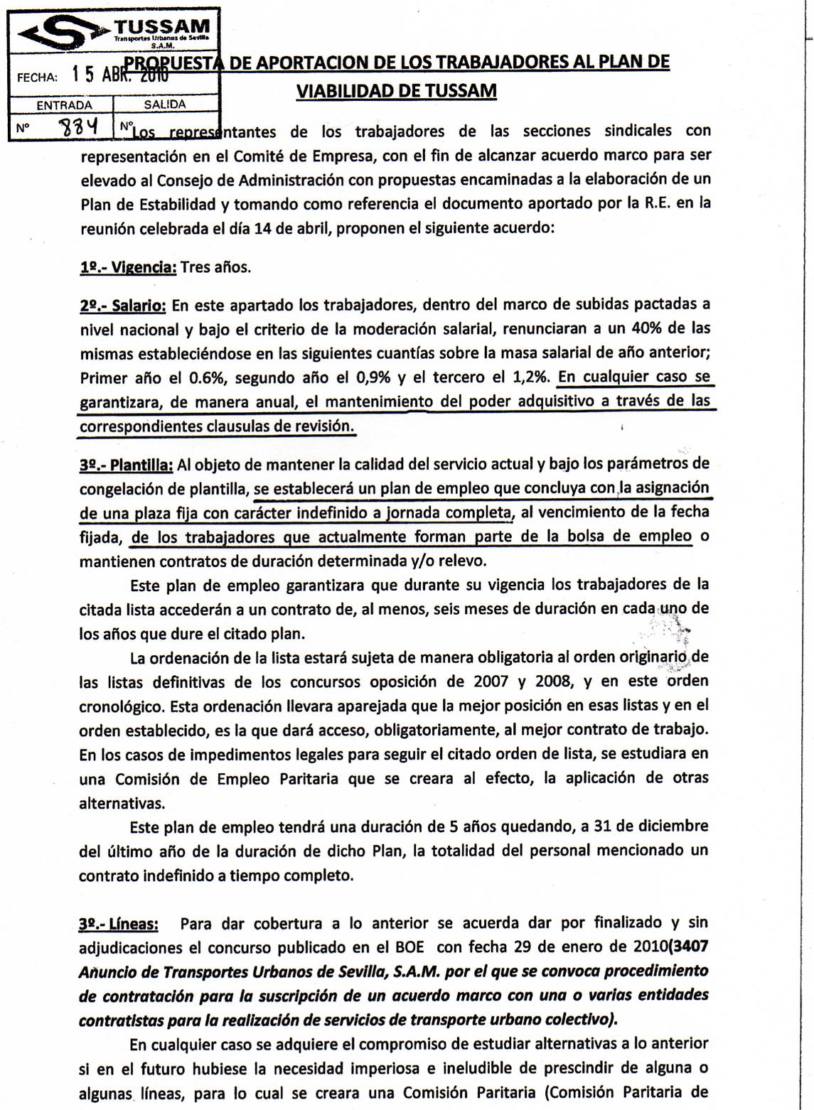 Texto de la propuesta sindical