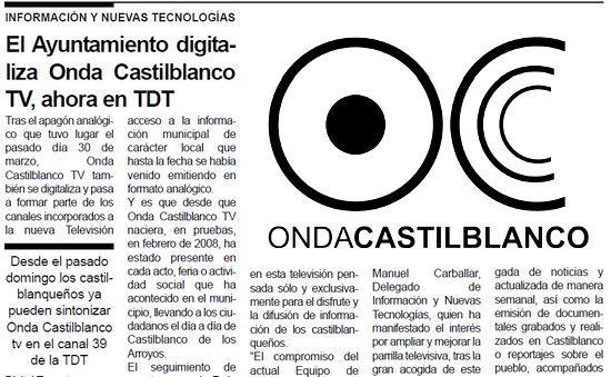 Las publicaciones municipales del Ayuntamiento anuncian la digitalización de Onda Castilblanco TV que emite sin concesiones administravias en el canal 39 de la TDT