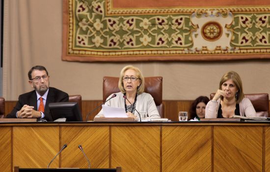 La presidenta del Parlamento de Andalucía, Fuensanta Coves, lee en el Pleno la declaración institucional sobre lo ocurrido en El Aaiún. /SA