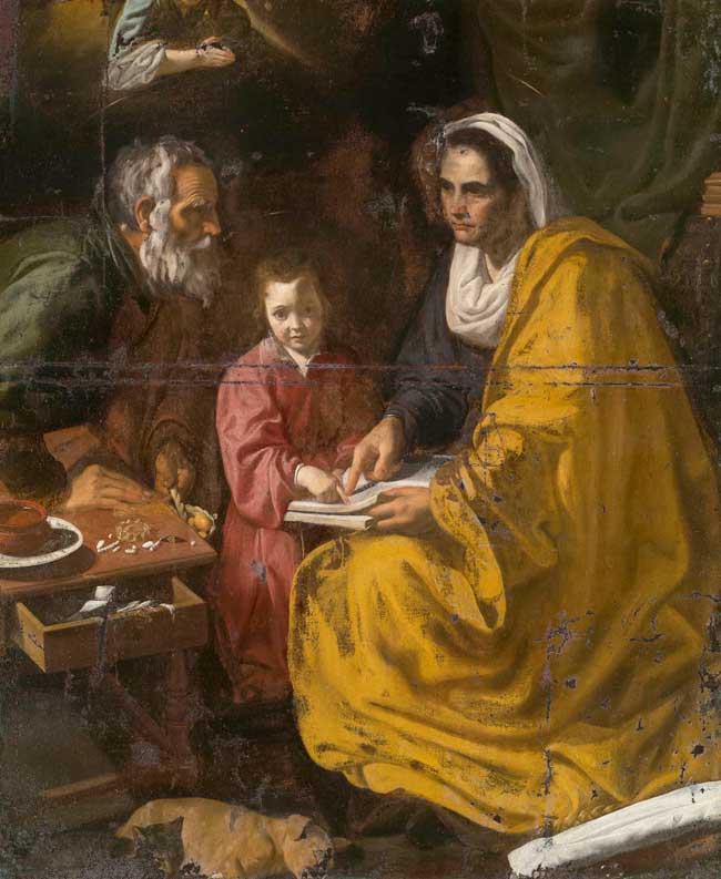 La educación de la virgen de Velázquez, antes de su restauración tras su hallazgo en un sótano de la Universidad estadounidense de Yale