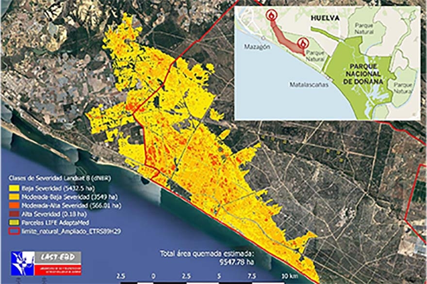 Área quemada del Parque Natural de Doñana y alrededores durante el incendio del 26 de junio de 2017. Imagen obtenida por el LAST-EBD en base a datos de satélites (Landsat).