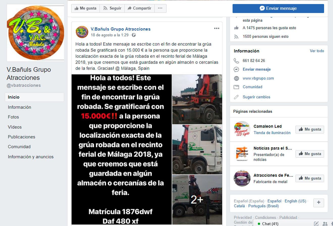 Post en FB sobre el camión robado /SA