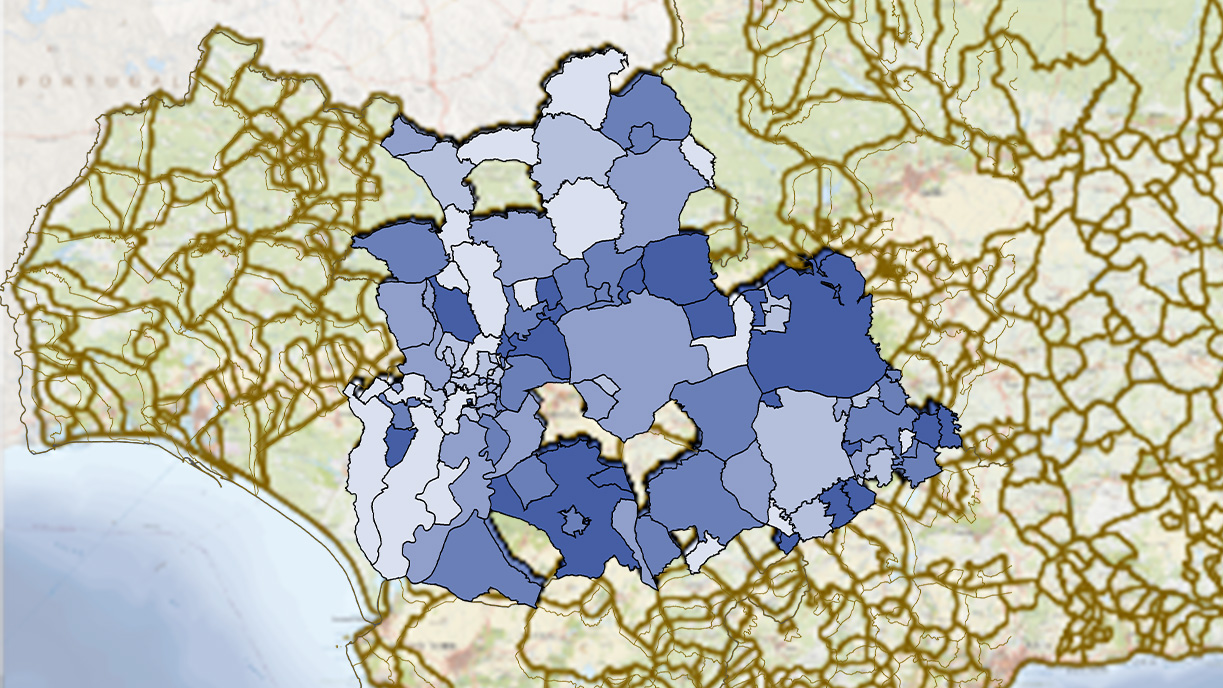 Mapa de la Incidencia acumulada del COVID-19 en los municipios de Sevilla