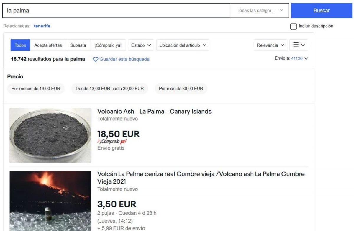 Venta de cenizas del Cumbre Vieja por Ebay / SA