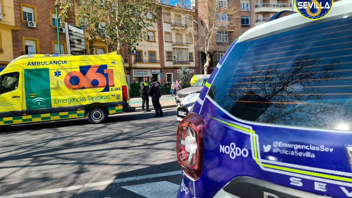 La Policia Local de Sevilla y el 061 atendiendo el desmayo tras el choque del coche contra la glorieta
