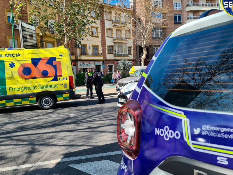 La Policia Local de Sevilla y el 061 atendiendo el desmayo tras el choque del coche contra la glorieta