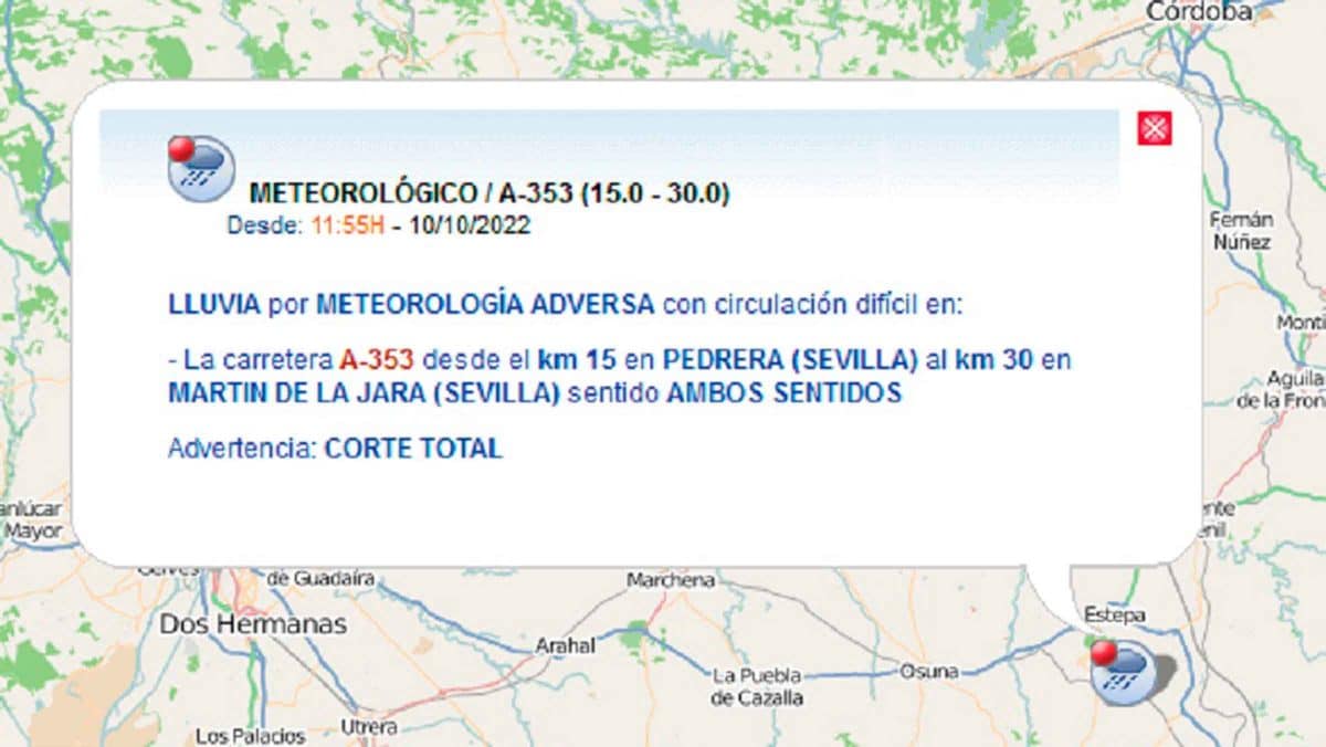 Imagen del aviso de incidencias por lluvias torrenciales en Sevilla / SA