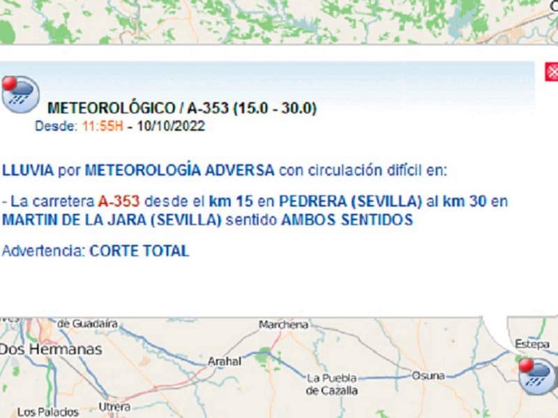 Imagen del aviso de incidencias por lluvias torrenciales en Sevilla / SA