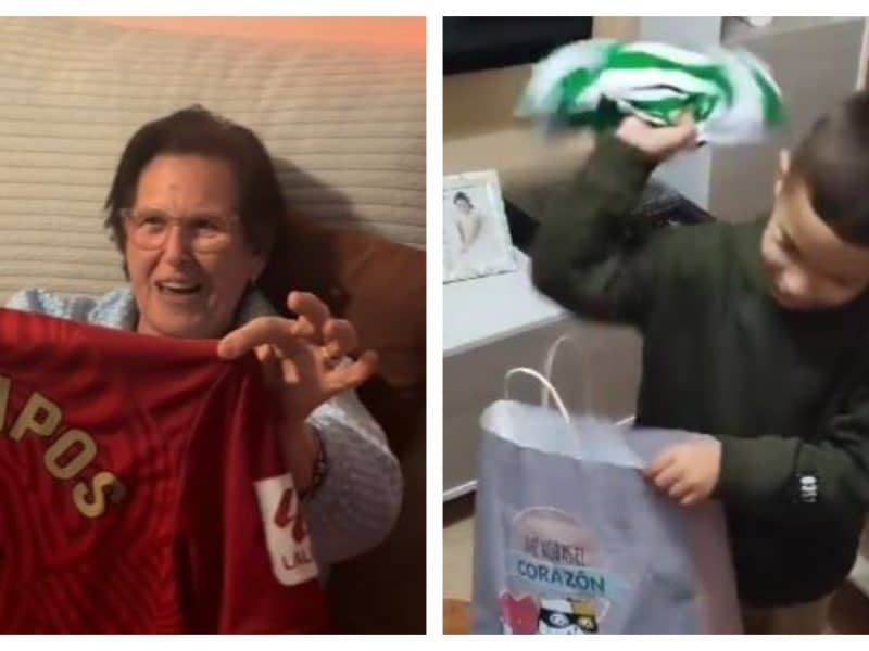 Una mujer y un niño, ambos sevillistas, reciben regalos opuestos