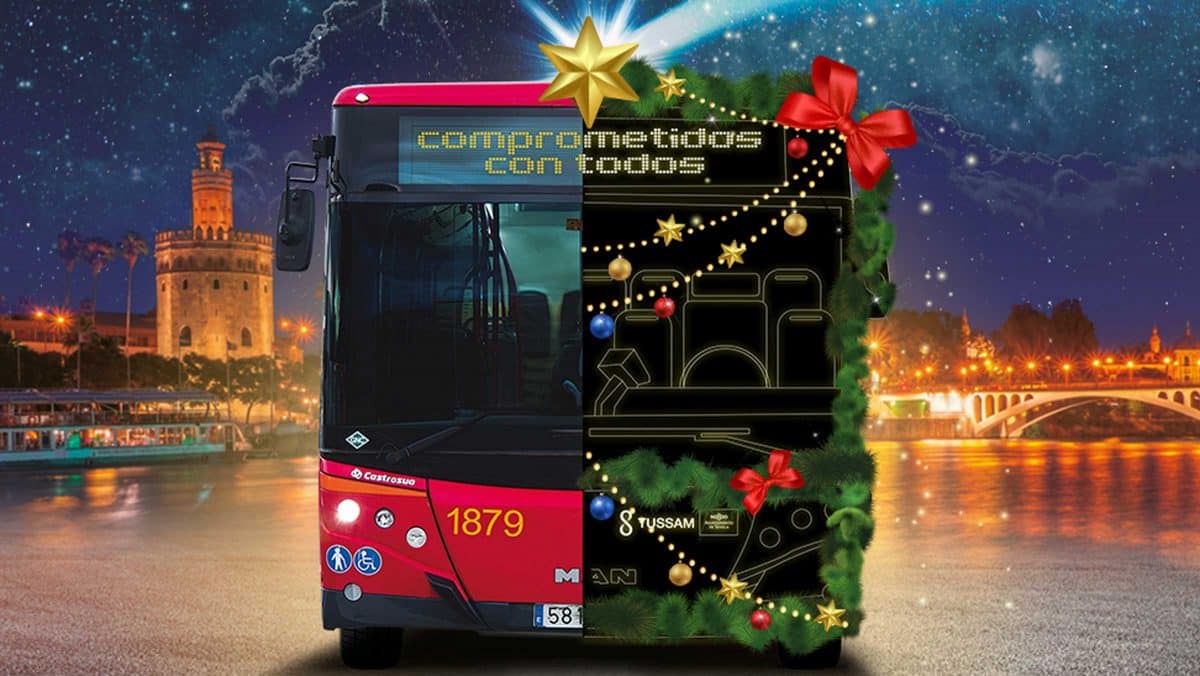 Ilustración de un autobús de Tussam decorado con motivos navideños