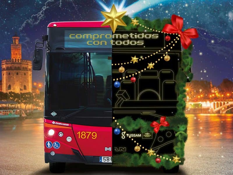 Ilustración de un autobús de Tussam decorado con motivos navideños