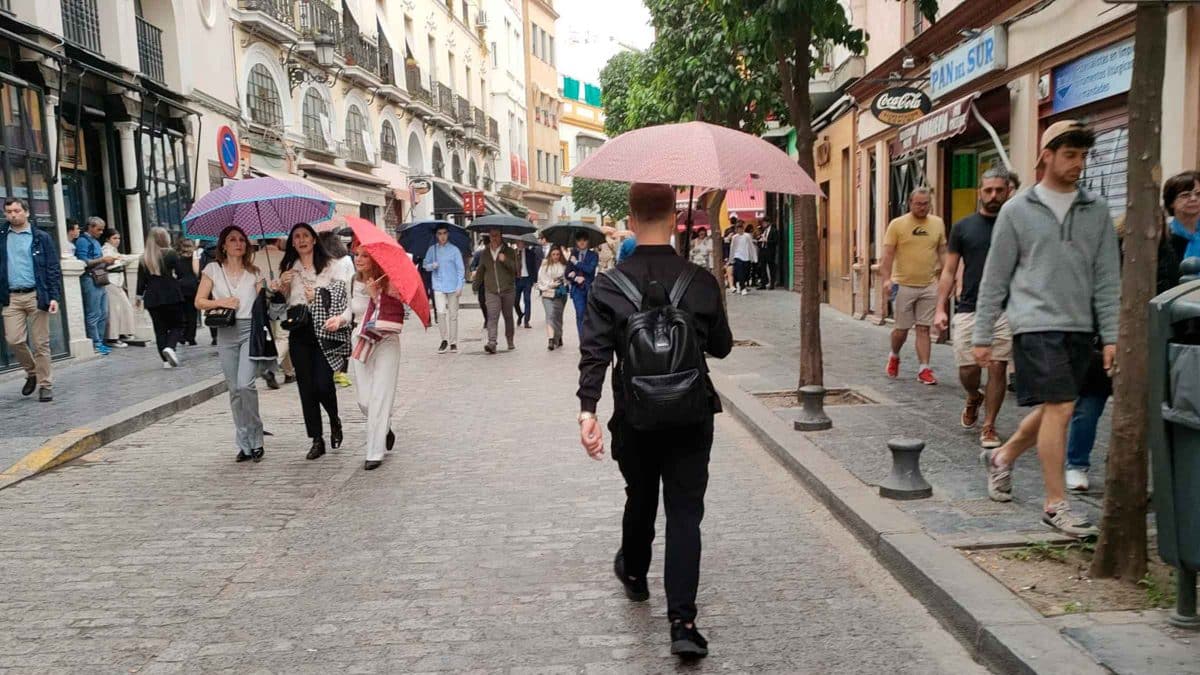 Personas caminando bajo la lluvia en la calle Arfe de Sevilla. A.A.D