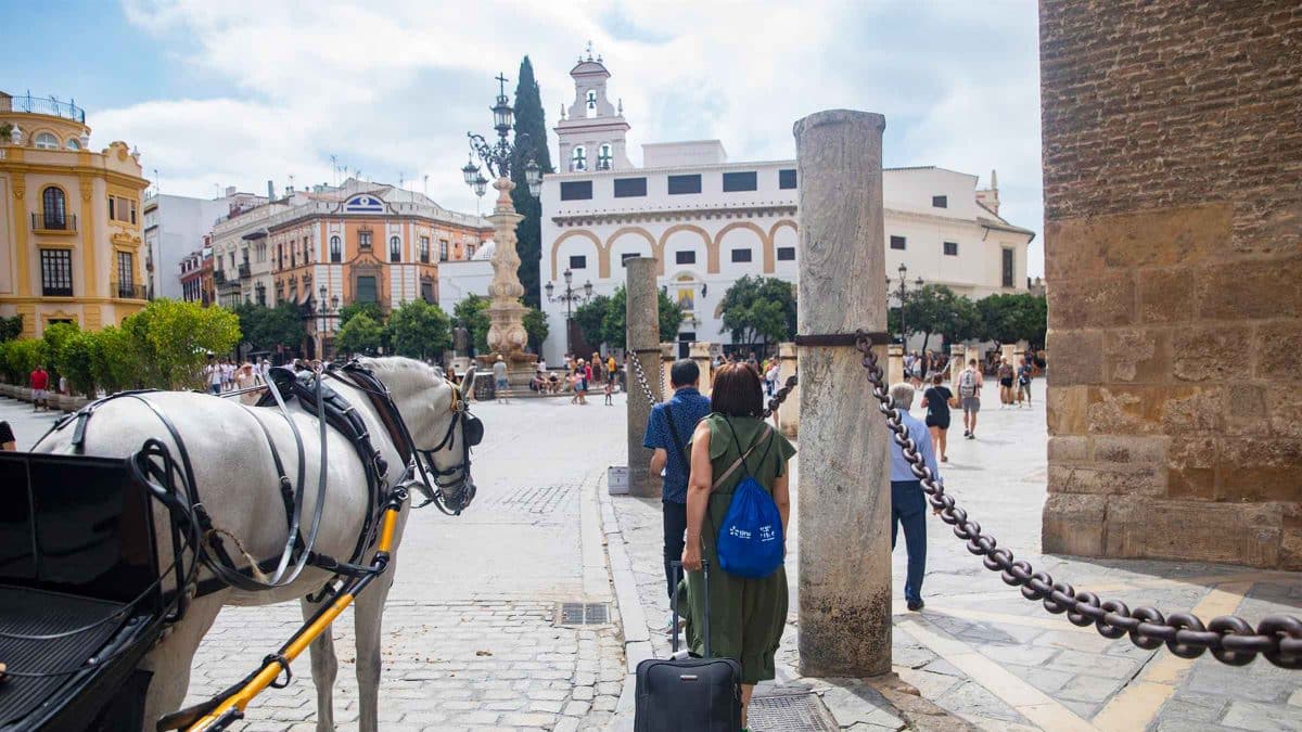 Archivo - Imagen de recurso de turistas junto a la Giralda, en la Plaza Virgen de los Reyes. - MARÍA JOSÉ LÓPEZ - Archivo