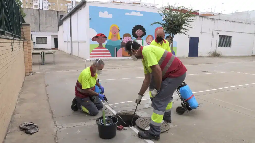 Trabajadores del Ayuntamiento llevando a cabo un plan sanitario en los colegios. Ayto. Sevilla