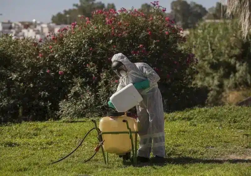 Archivo - Un trabajador durante las labores de fumigación contra los mosquitos causantes del virus del Nilo en Coria del Río, (Sevilla, Andalucía, España), a 17 de agosto de 2020. - María José López - Europa Press - Archivo