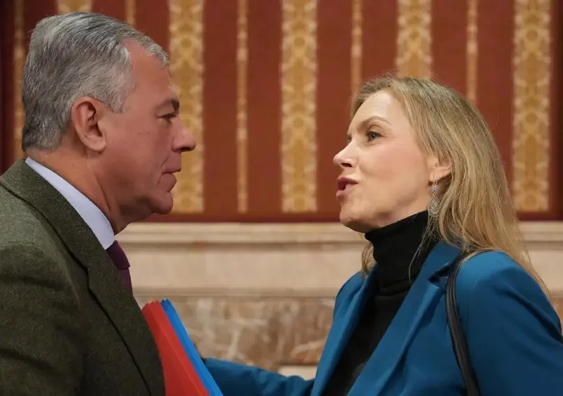 El alcalde de Sevilla y la portavoz de Vox se saludan durante el pleno extraordinario de presupuestos, en el Salón Colón del Consistorio. - MARÍA JOSÉ LÓPEZ-EUROPA PRESS