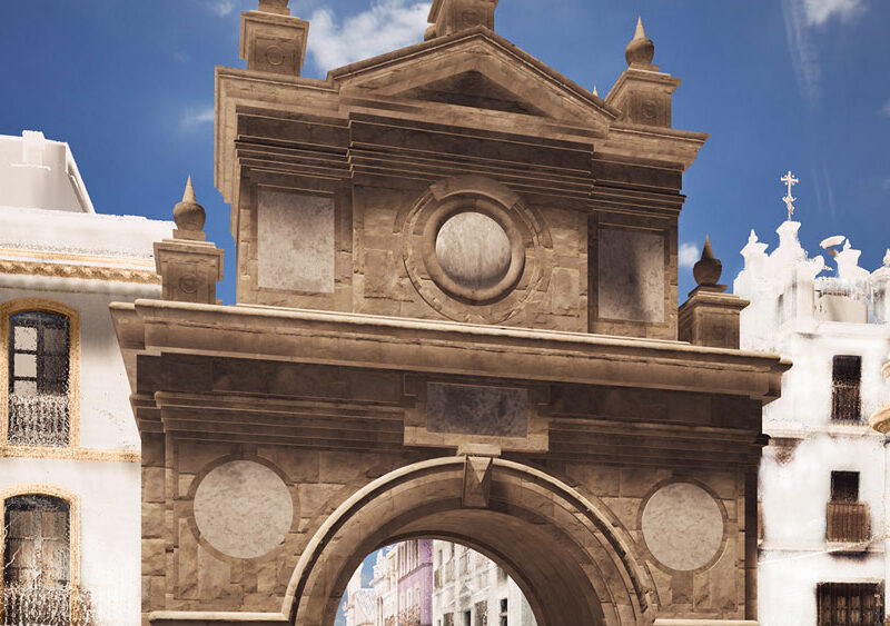 Reconstrucción de la Puerta de la Carne en su entorno actual a partir de la obra de Gaudin Frères. - Universidad de Sevilla