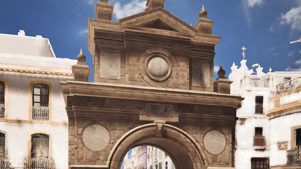 Reconstrucción de la Puerta de la Carne en su entorno actual a partir de la obra de Gaudin Frères. - Universidad de Sevilla