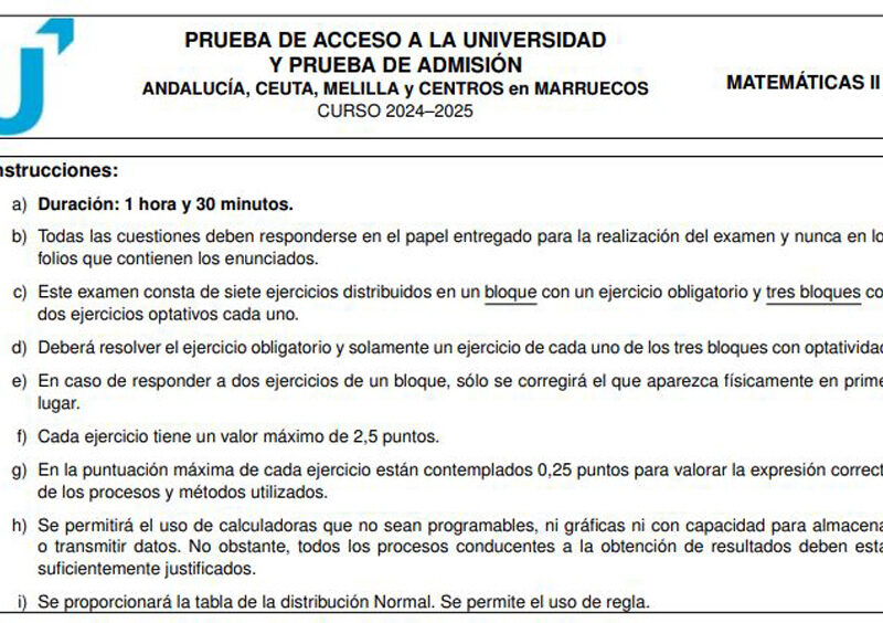 Examen de Matemáticas II de Selectividad en Andalucía 2025.