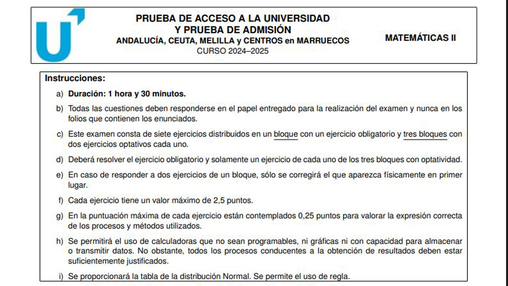 Examen de Matemáticas II de Selectividad en Andalucía 2025.