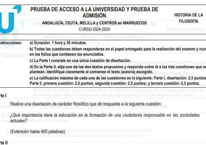 Examen de Historia de la Filosofía de Selectividad en Andalucía 2025.