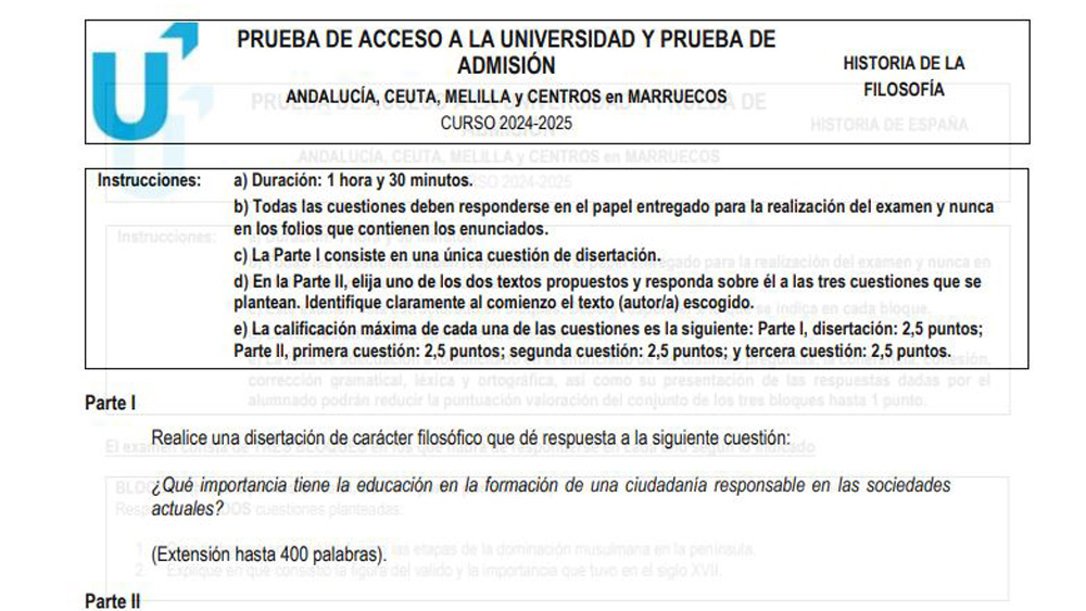Examen de Historia de la Filosofía de Selectividad en Andalucía 2025.