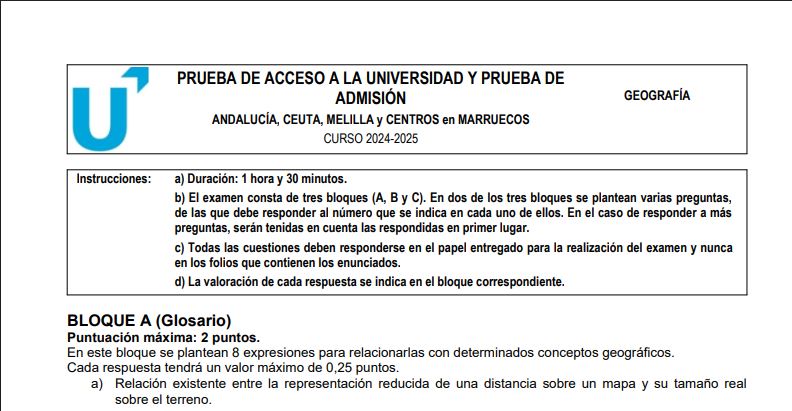 Examen Geografía de Selectividad en Andalucía 2025.