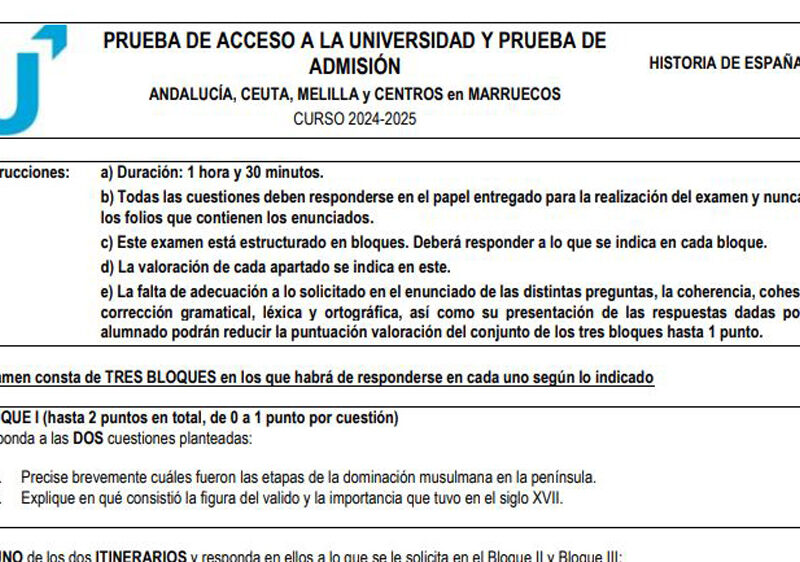Examen de Historia de España de Selectividad en Andalucía 2025