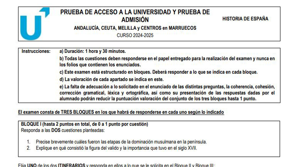 Examen de Historia de España de Selectividad en Andalucía 2025