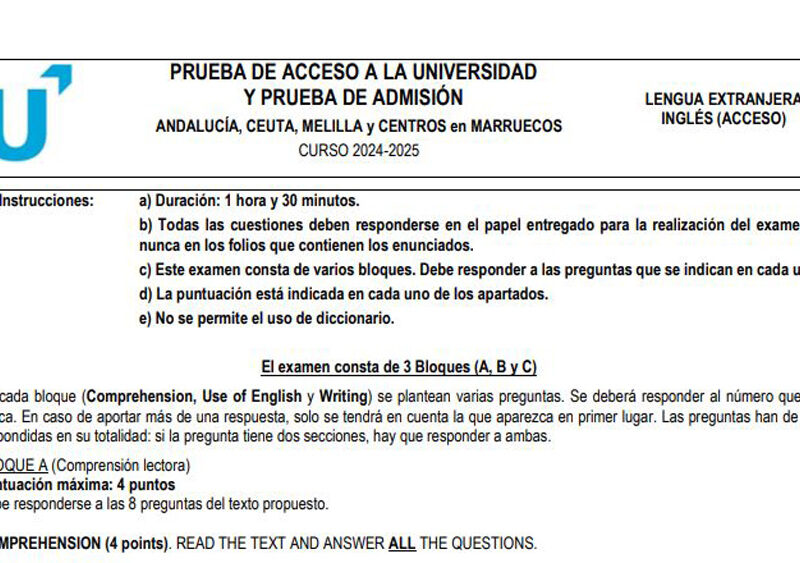 Examen de Inglés de Selectividad en Andalucía 2025.