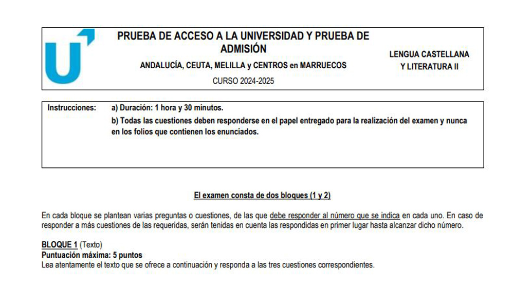 Examen de Selectividad de Lengua y Literatura de Andalucía 2025.