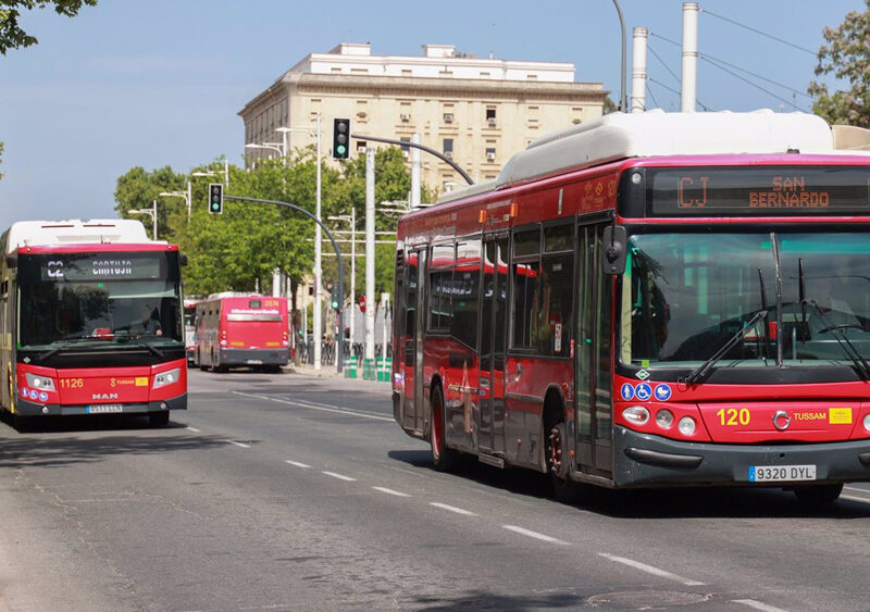 Autobuses de Tussam circulan con fluidez en una avenida de Sevilla. - Rocío Ruz / Europa Press