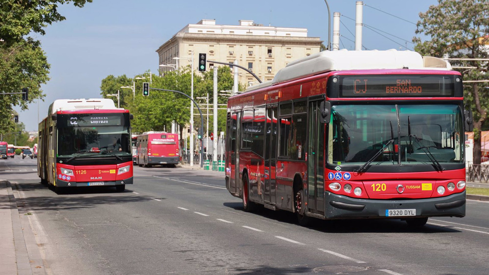 Autobuses de Tussam circulan con fluidez en una avenida de Sevilla. - Rocío Ruz / Europa Press