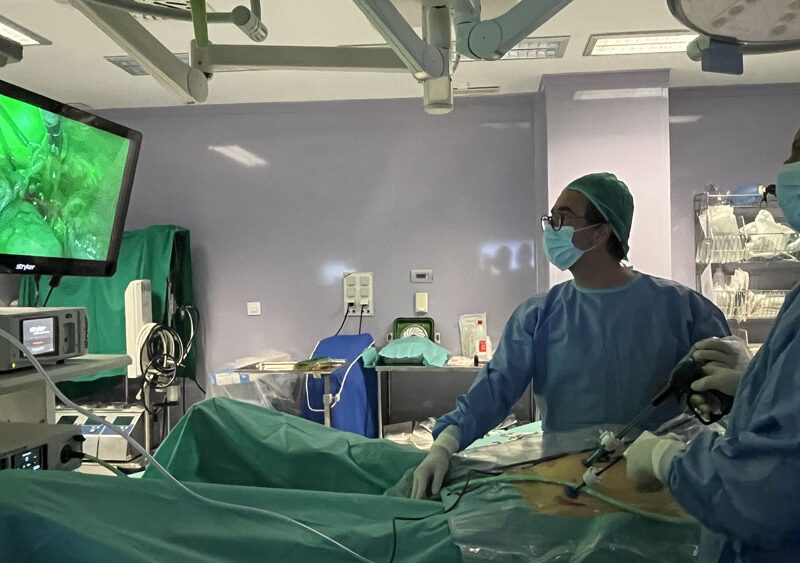 Los doctores José Antonio Vargas y Adolfo López durante una intervención de ganglio centinela en cáncer de endometrio. - Quirón Salud