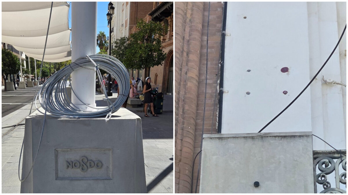 Anclajes retirados de los toldos de la Avenida de la Constitución - X: @SevillaSeMuere