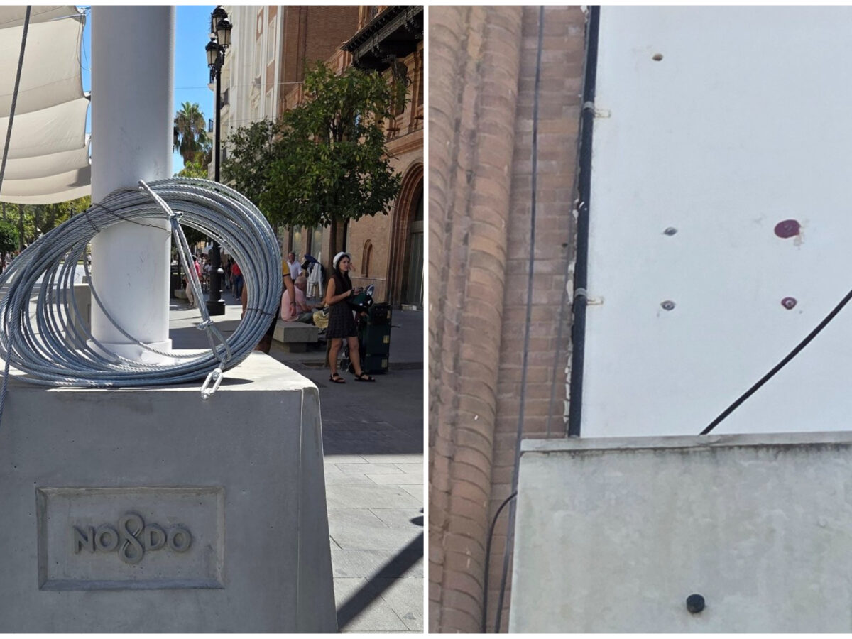 Anclajes retirados de los toldos de la Avenida de la Constitución - X: @SevillaSeMuere